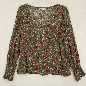 LOFT Green Multi Color Ultra Soft Rayon Long Sleeve Button Down Large